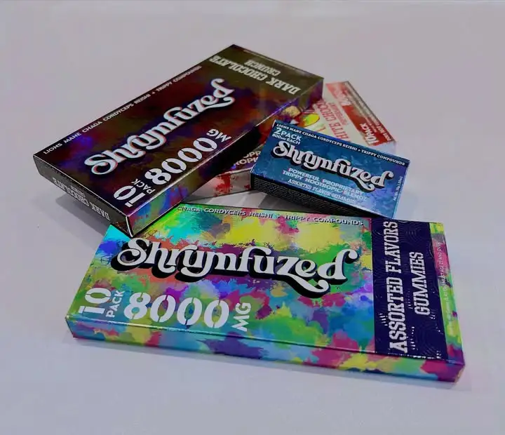 Shrumfuzed chocolate packaging featuring available chocolate varieties